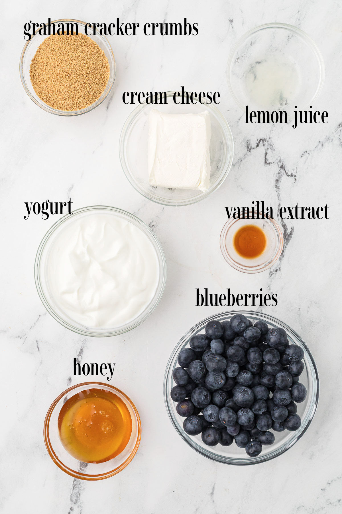 Seven ingredients on a marble surface: graham cracker crumbs, cream cheese, lemon juice, plain yogurt, vanilla extract, blueberries, and honey, each labeled with text.