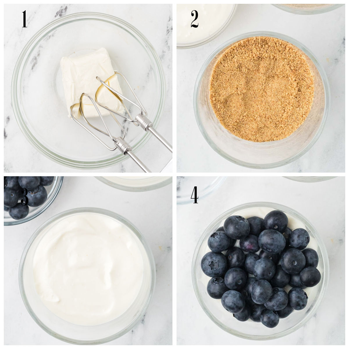 Four images show steps to make a dessert: 1) Cream cheese in a bowl with beaters, 2) Bowl of graham cracker crumbs, 3) Bowl of creamy mixture, 4) Bowl of fresh blueberries on top of cream.