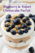 A glass cup filled with layers of creamy yogurt, cheesecake mixture, crushed graham crackers, and topped with fresh blueberries and crumbs. Text reads Blueberry & Yogurt Cheesecake Parfait.