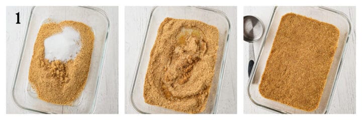 Three glass baking dishes show steps for making a graham cracker crust: first with crumbs and sugar, second with melted butter mixed in, and third with the mixture pressed flat beside a measuring cup.