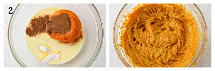 Two side-by-side images: left shows a bowl with pumpkin puree, spices, baking powder, and liquid ingredients; right shows the same bowl with the ingredients mixed into a smooth orange batter.