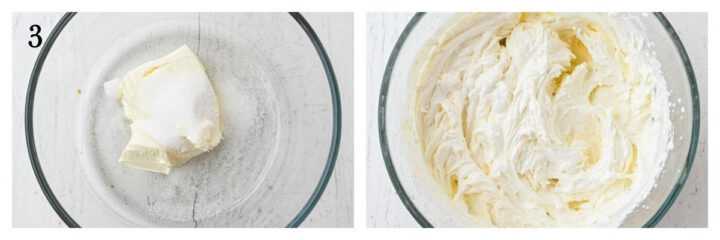 Two images: on the left, a glass bowl with a block of cream cheese and granulated sugar; on the right, the same bowl with the cream cheese and sugar whipped together until smooth and creamy.