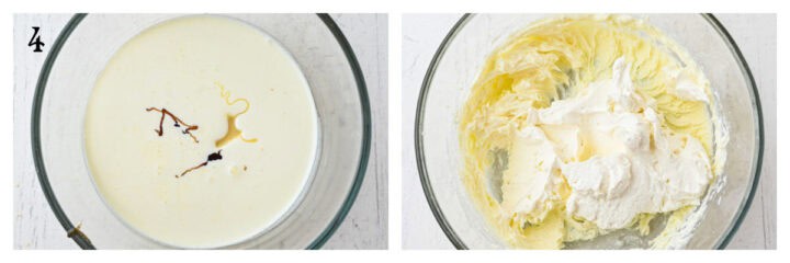 Side-by-side images: Left, cream with vanilla and saffron strands in a glass bowl. Right, a glass bowl with a mixture of thick, whipped cream and a creamy yellow substance.