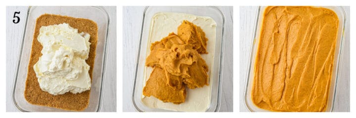 Three-step collage showing a dessert being assembled in a glass dish: first with a crumb crust and cream cheese layer, then topped with a pumpkin mixture, and finally smoothed into an even pumpkin layer.