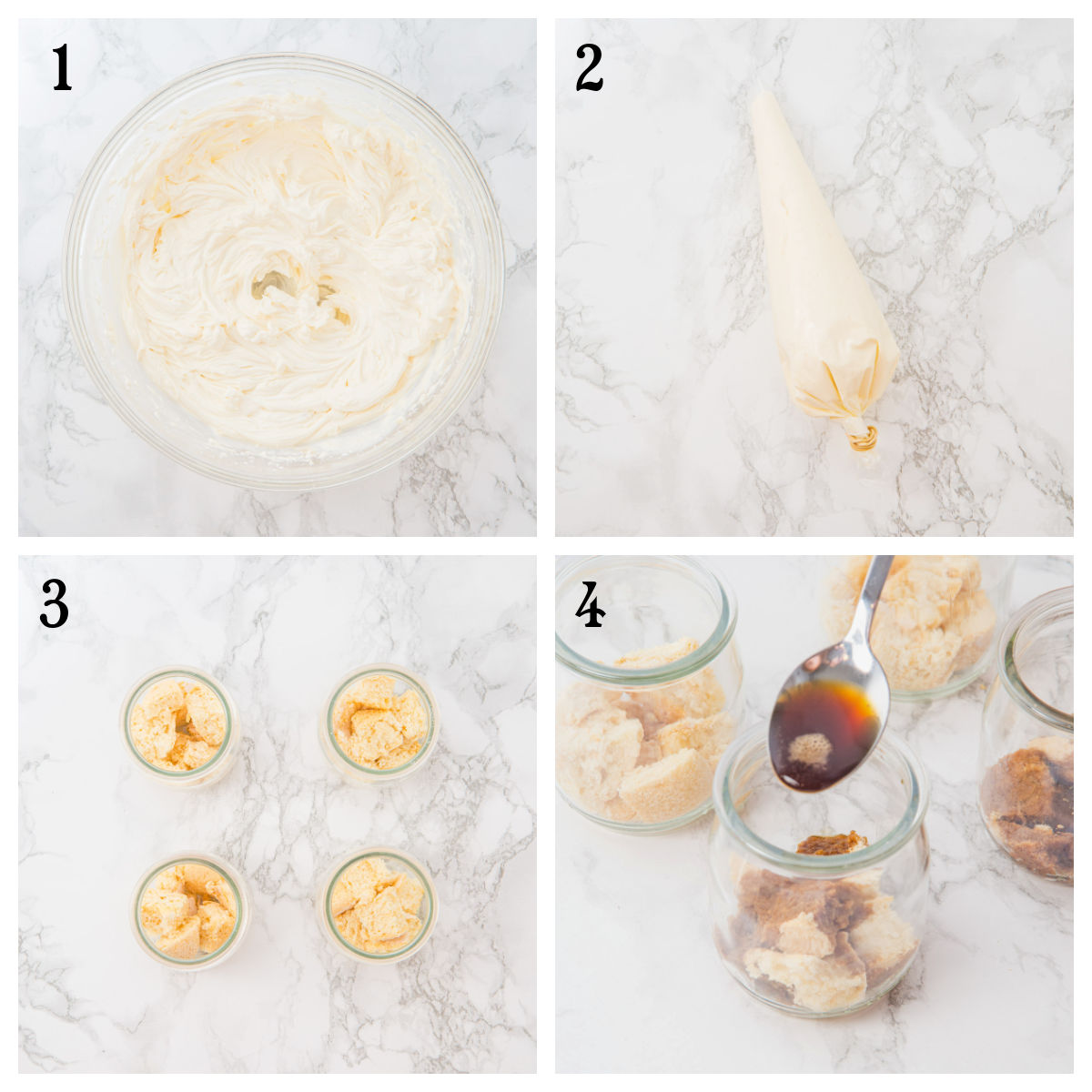 A four-step collage shows: 1) Whipped cream cheese mixture in a bowl. 2) Cream in a piping bag. 3) Crumbled biscuits in three glass jars. 4) Pouring coffee over the crumbled biscuits in jars.