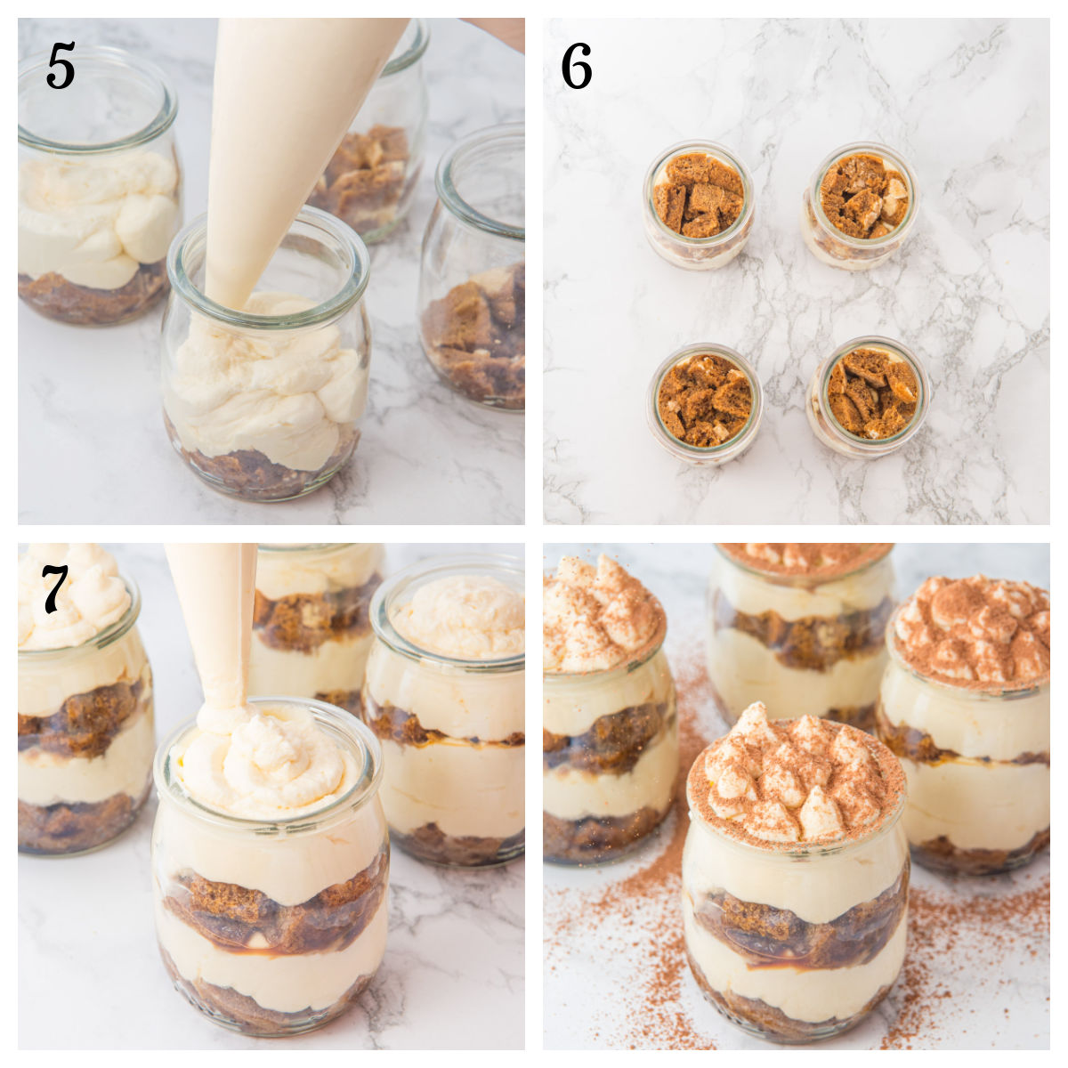 Four-step collage showing tiramisu being assembled in glass jars: adding cream over cake, jars topped with crumbled cake, more cream piped on, and finished jars dusted with cocoa powder.